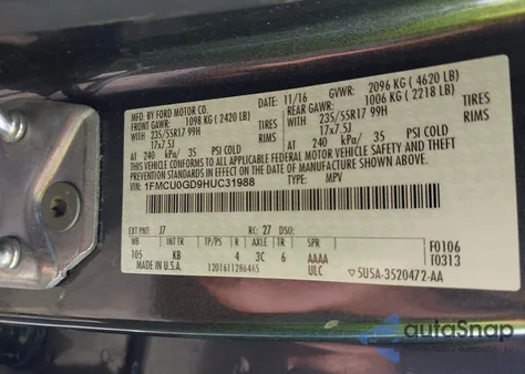 2017 Ford Escape Se from USA, damaged, VIN 1FMCU0GD9HUC31988